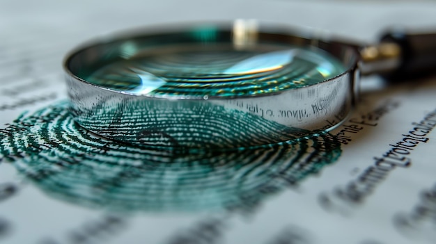 A magnifying glass observing a fingerprint with green hues