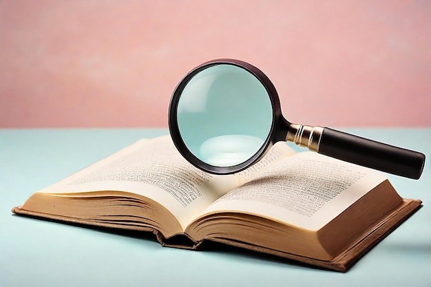 Photo magnifying glass on an open book on a blue and pink background