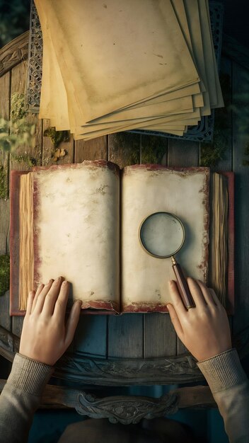 Photo magnifying glass on open old book blank on wooden table background top view