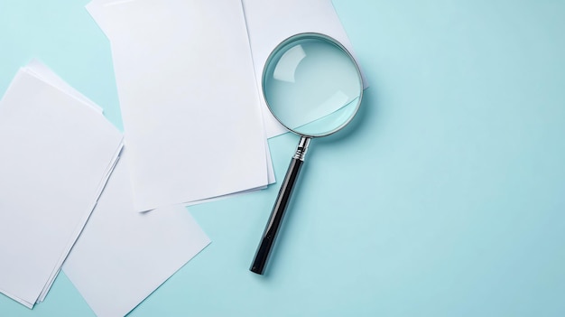 Photo magnifying glass and paper sheets on light blue background