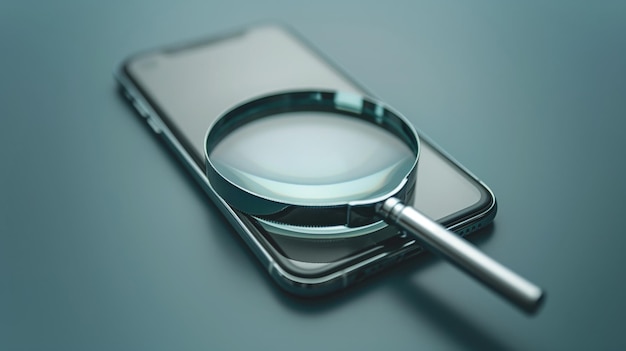 Photo magnifying glass placed on smartphone screen with soft lighting concept of search investigation and technology