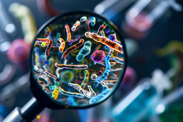 Photo magnifying glass revealing colorful microorganisms