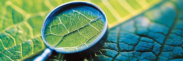 Photo magnifying glass revealing microscopic details of a leaf