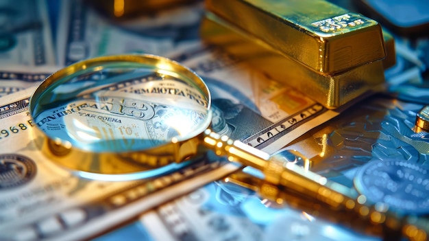 A magnifying glass reveals the intricate details of gold bars and dollar bills set against a backdrop of a stock market chart in vivid blue tones