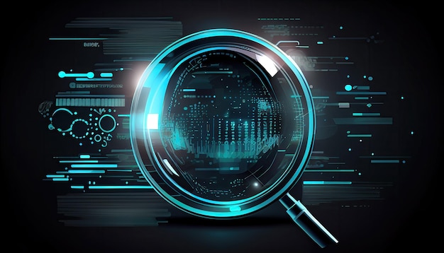 Magnifying glass in a scan search concept and futuristic electronic technology background