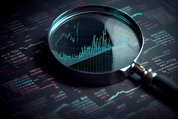 Magnifying glass search of investing and stock market over a graph chart backgroundgenerative ai