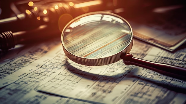 A magnifying glass sits on top of a piece of paper with a pen and a notebook.