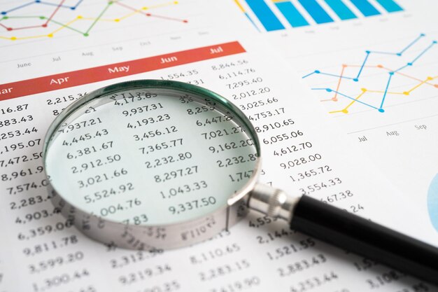 Magnifying glass on spreadsheet and graph paper Financial development Banking Account Statistic Investment Analytic research data economy Business