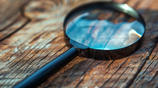 Photo magnifying glass on textured wood closeup view of a magnifying glass on a wooden surface reflecting light and detailed wood textures perfect for themes of exploration and detail ai generativexa