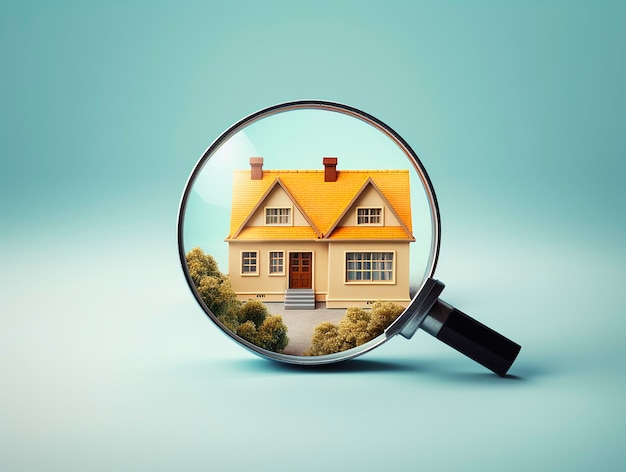 Magnifying glass with house and tree inside Real estate concept