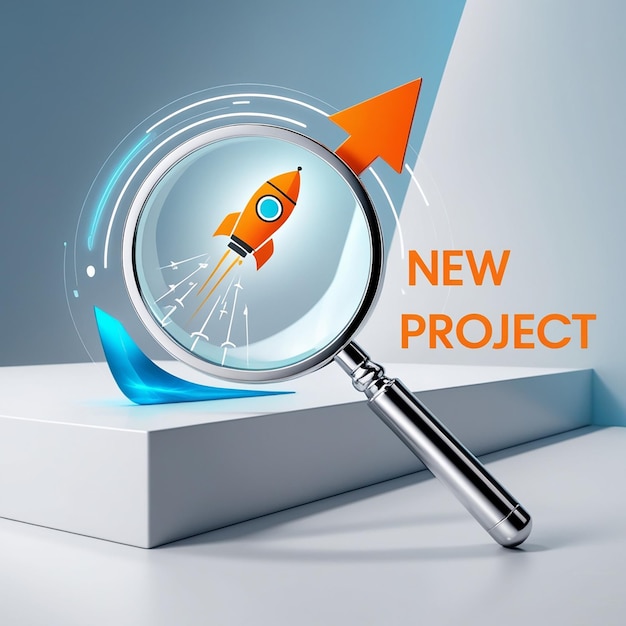 Photo magnifying glass with rocket and arrow up sign icons for new project business goal technology and successful project strategy