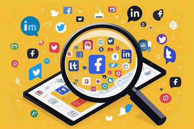 Photo a magnifying glass with social media element icons on yellow background data analysis concept