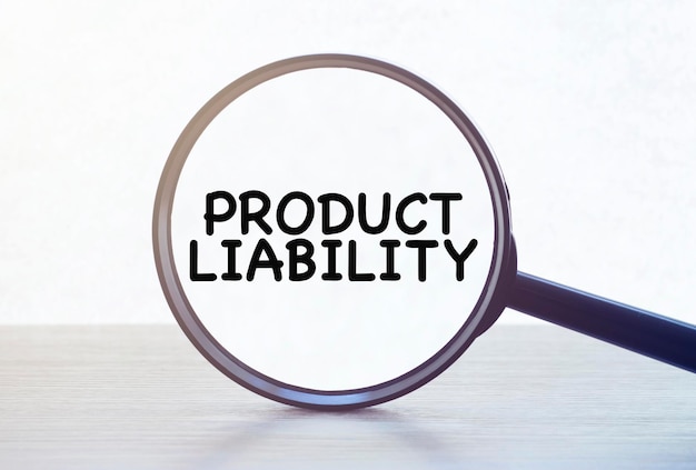 Magnifying glass with text product liability on wooden table