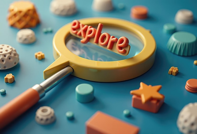 Photo a magnifying glass with the word explore in focus surrounded by colorful 3d objects