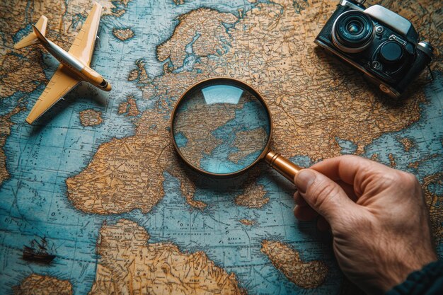 Photo magnifying glass over world map travel planning