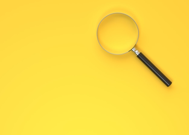 Magnifying glass on a yellow background Search find and discover concept 3D renderillustration