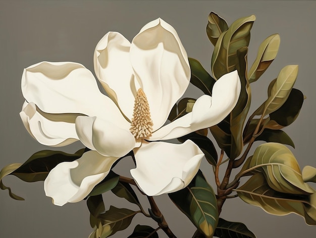 Magnolia bloom with green leaves