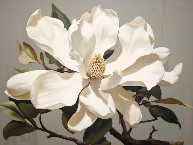 Magnolia bloom with green leaves