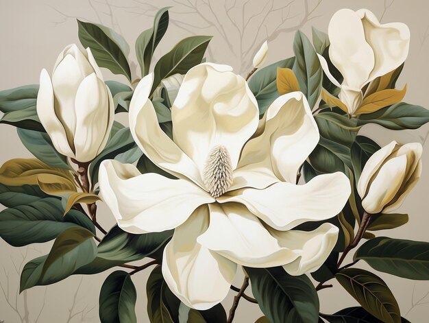 Magnolia bloom with green leaves