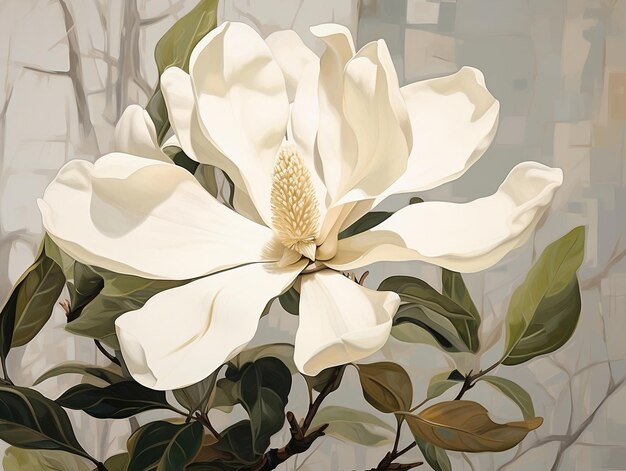 Magnolia bloom with green leaves