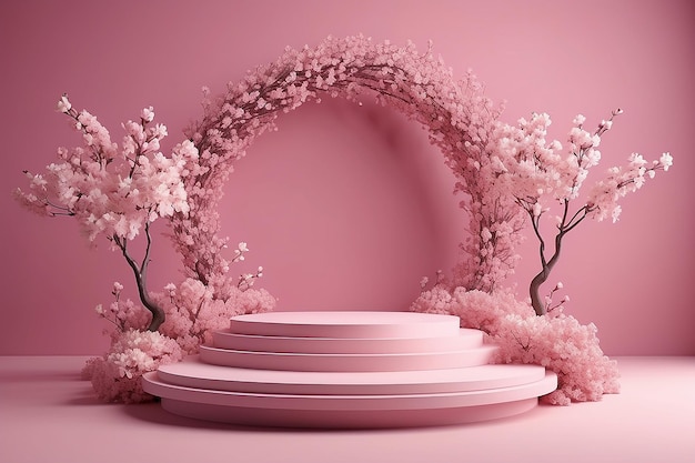 Magnolia branches vernal flower tree blossom and 3d pink scene rendering with podium