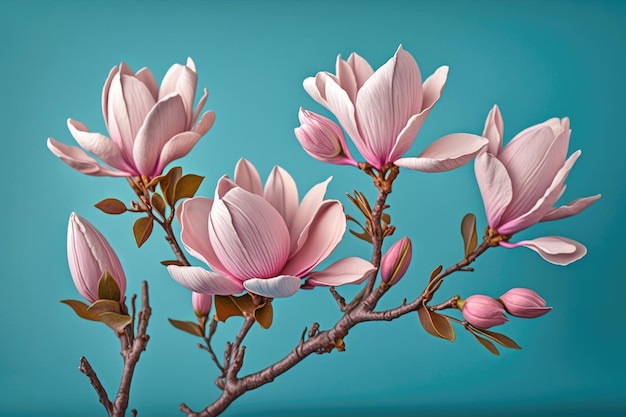 Magnolia Flowers Branch on Light Blue Background Spring Theme