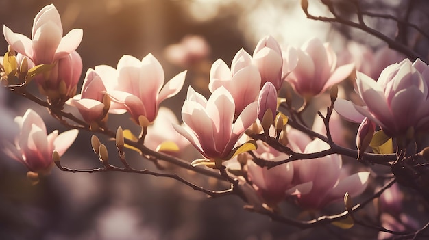 A magnolia tree with the sun shining through the branches