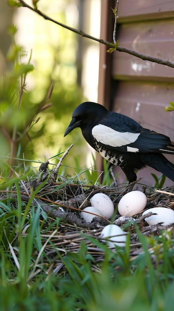 Photo magpie stealing eggs urraca robando huevos urraca pajaro urracas