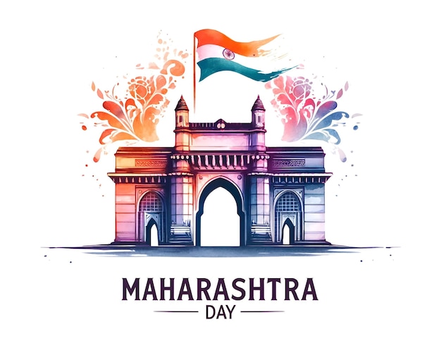 Maharashtra day watercolor illustration with the gateway of india and flag