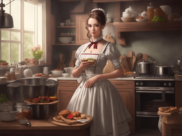 Maid in kitchen 3D illustration anime character