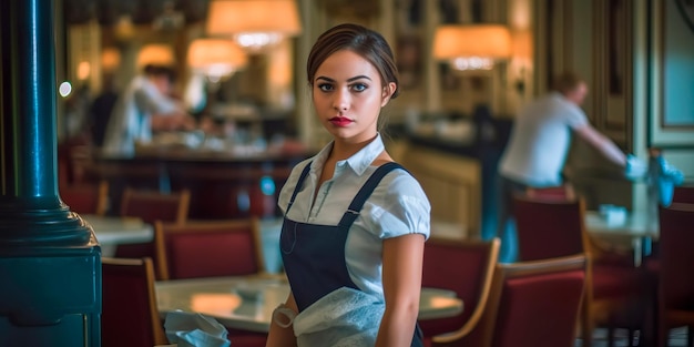 The maid stands against the background of the hotel maid Generative ai