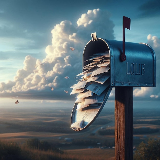 Mail spilling from a mailbox set against a sky filled with white clouds and blue tones