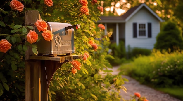 A mailbox in front of a house with a house in the background