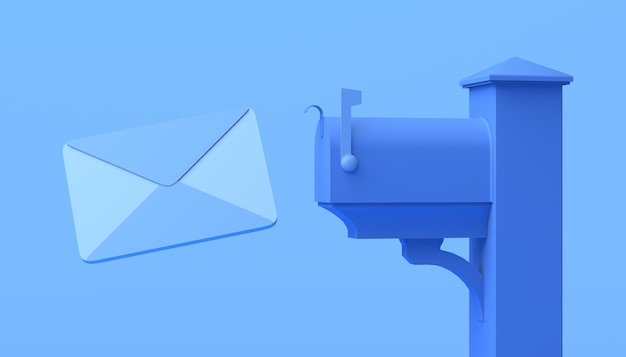 Mailbox for letters on blue background. 3D illustration. Copy space.