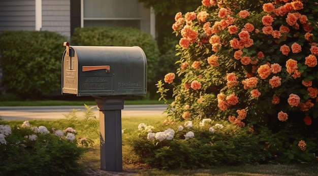 A mailbox with a orange tag on it sits in front of a house with a bush with flowers.