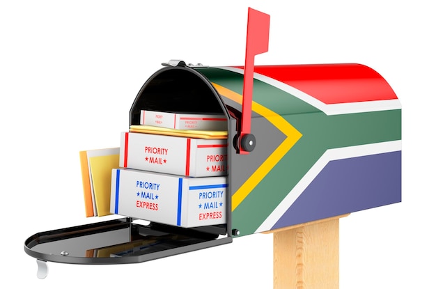 Mailbox with South African flag with parcels envelopes inside Shipping in South Africa concept 3D rendering