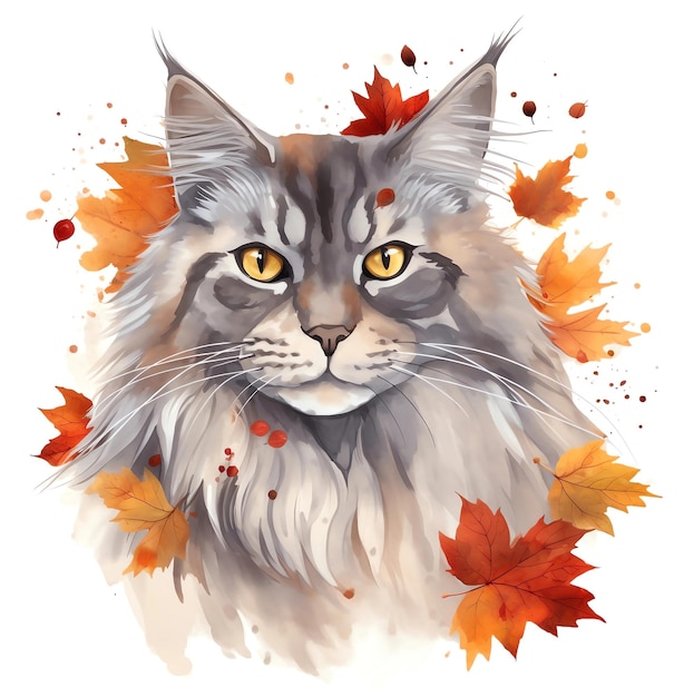 main coon cat watercolor clipart portrait painting with autum_n flowers