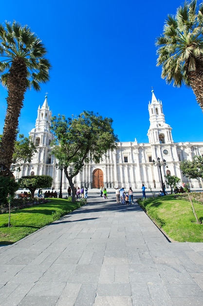 Main square of Arequipa with church, in Arequipa Peru. Arequipa's Plaza de Armas is one of the most beautiful in Peru.