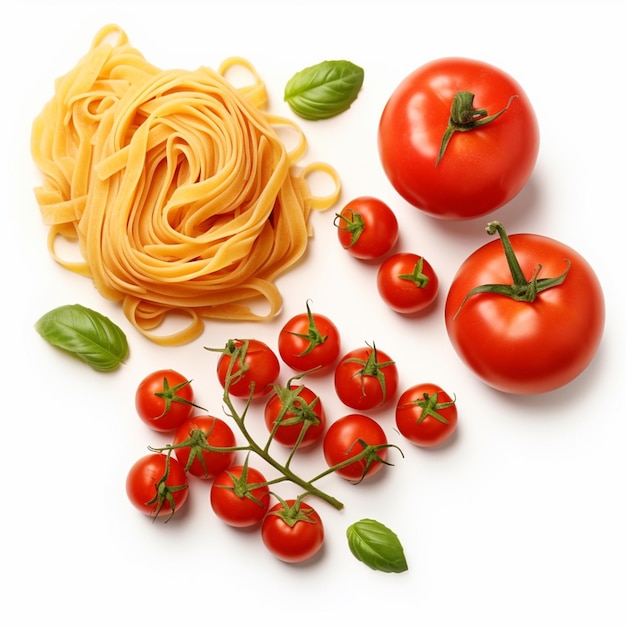 Main traditional ingredients of italian cuisine pasta tagliatelle cherry tomatoes and fresh green