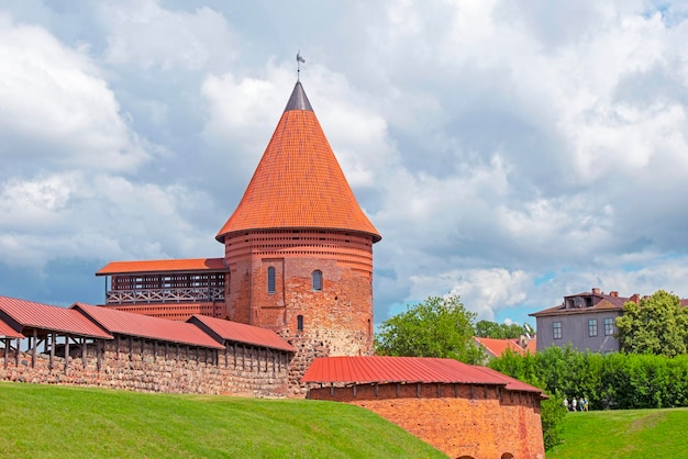 The main view of brick round tower and the bastion of Kaunas castle Lithuania