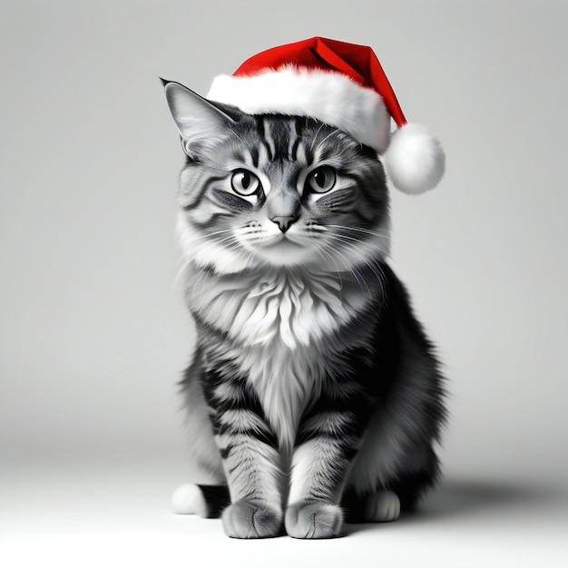 Maine Coon cat in santa hat sitting on gray background