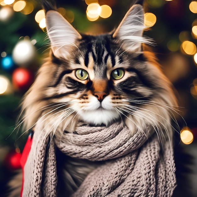 Maine coon cat in a scarf near the Christmas light