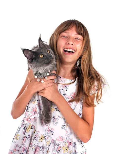 maine coon kitten and child