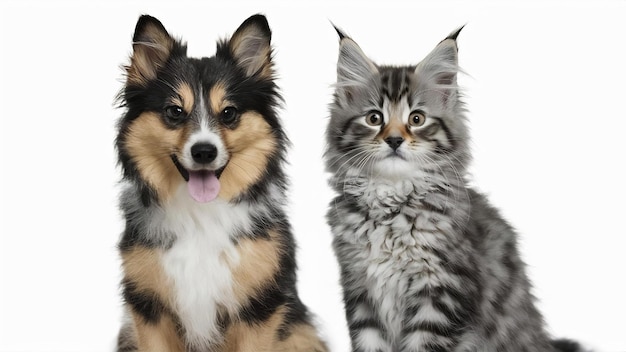 Maine coon kitten spitz dog in front of white background