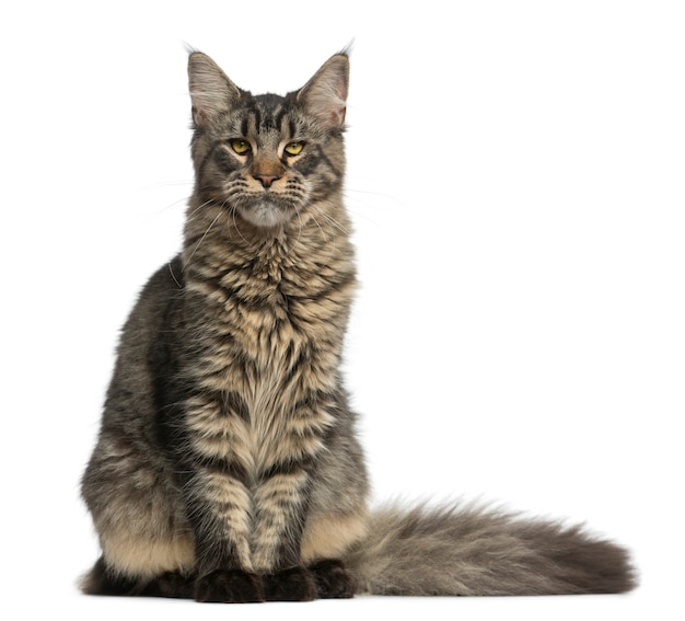 Maine Coon sitting in front of a white wall