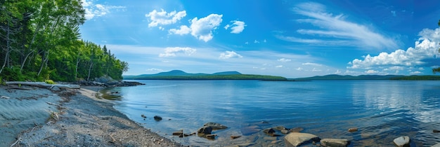 Maine Landscape A Stunning Panoramic View of Rangeley Lakes Region with Water Trees and Blue Sky