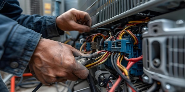 Photo maintaining hvac equipment technicians focus on electrical wiring work concept hvac maintenance electrical wiring technician focus equipment safety proper installation