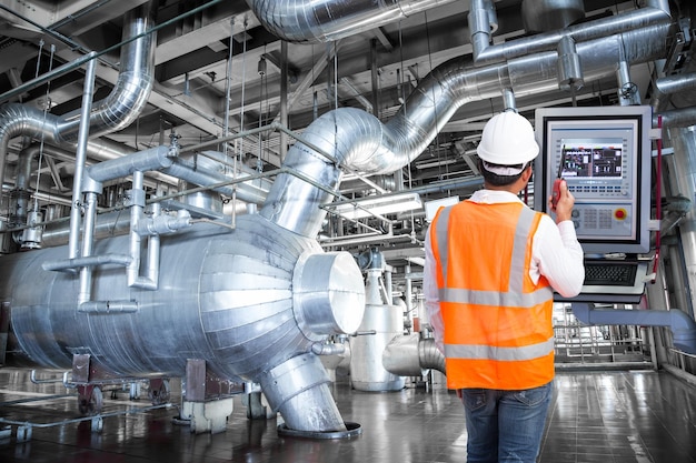 Maintenance engineer looking at monitor control in thermal power plant factory