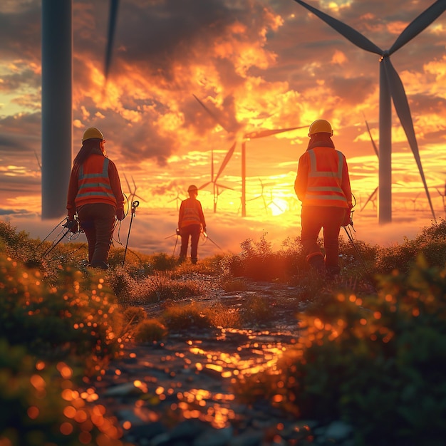 Maintenance engineer team working in wind turbine farm at sunset