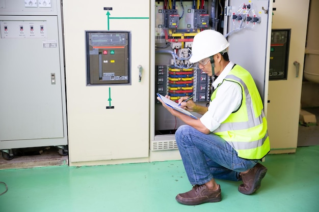 Photo maintenance engineers inspect relay protection system. bay control unit.